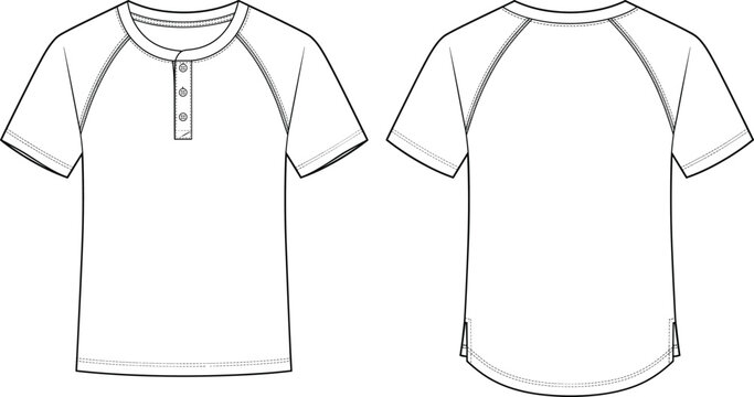 Fashion flat sketch technical drawing template of a short sleeve raglan henley shirt for apparel design