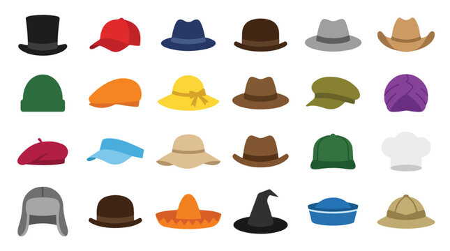 Flat headwear icon set with colorful caps hats and beanies. Minimalist collection of various hat types. Modern vector headgear set.
