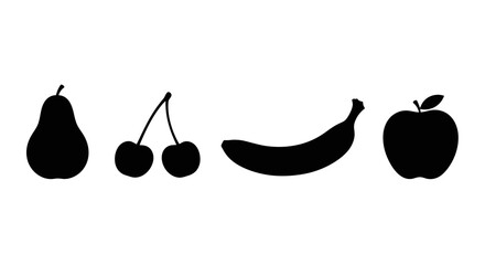 Silhouettes of fresh fruit on white background with silhouettes pear cherries cherries banana apple black silhouettes healthy graphic food with icon © Kamola