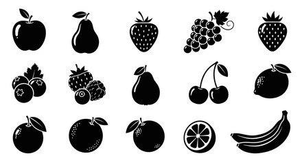 Collection of black with strawberry blackberry blueberry raspberry grapes cherry banana orange fruit icons white apple lemon pear © Kamola