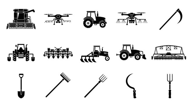 Agricultural tools with collection black agricultural icons white background agriculture cultivation harvesting irrigation pitchfork harvester