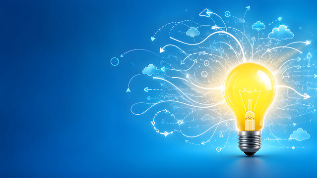 Glowing yellow lightbulb connected to network lines and digital icons. Concept of creative brainstorming network, internet data communication, and digital marketing strategy.