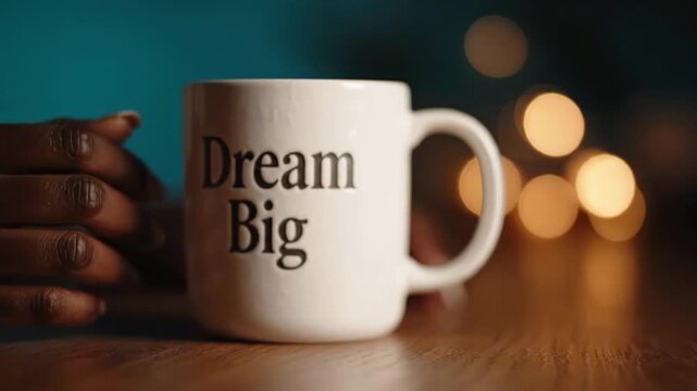 A close-up of a hand holding a coffee mug with an inspiring message, showcasing beautiful nails in soft lighting, creating a warm and inviting atmosphere.