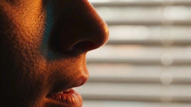 Close-Up Portrait of a Human Face Side Profile Highlighting Facial Features with Dramatic Lighting and Soft Shadows Against a Backdrop of Blurred Window Blinds