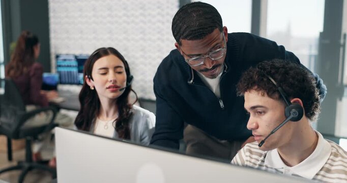 Coach, consultant and team with tablet in agency for virtual assistance, support or online guidance. People, mentor or training agent with technology, advice or help for customer service in workplace