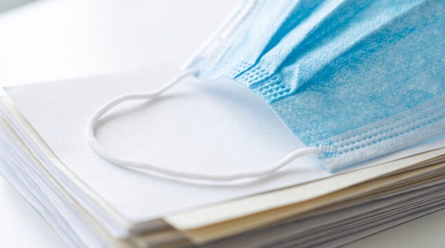 Blue surgical face mask resting on stack of financial documents