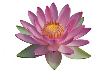 Obraz premium Vibrant close-up of a single pink water lily flower with yellow center and green leaves floating on water