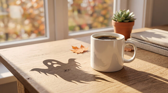 White Coffee Mug Casting Ghost Shadow on Wooden Table in Autumn Sunlight for Halloween