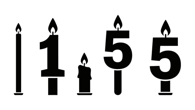 Black number 1 candle with adjacent candles on white background. Simple vector illustration for celebrations.