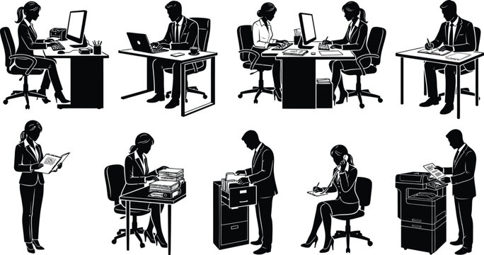 Office workers silhouettes are depicted performing daily administrative tasks including typing at desks and utilizing office equipment.