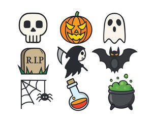 Fototapeta premium Halloween icons skull ghost pumpkin bat spider potion cauldron tombstone collection