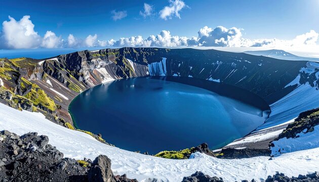 Panoramic view of a volcanic crater lake. Majestic mountain caldera with snow and blue water.