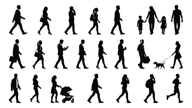 Walking people silhouettes, set of 21 diverse pedestrian vector icons, black crowd figures of men women and families for urban architectural rendering