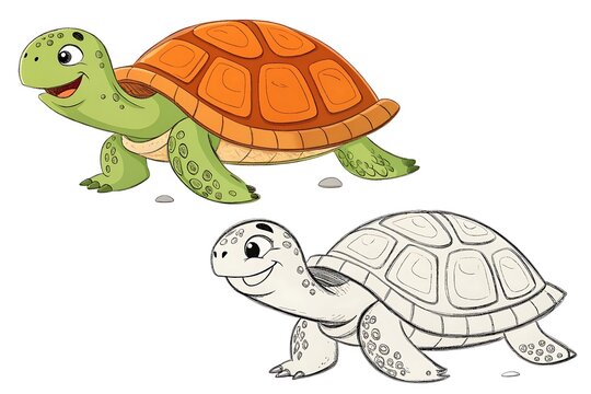 Smiling cartoon turtle walking with baby turtle following