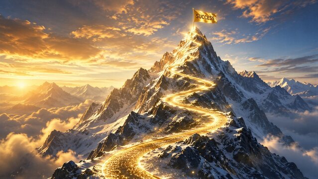 A winding golden path leads up a mountain with a flag that says success at the top. The scene shows a sunset with clouds around the peak and a beautiful sky.