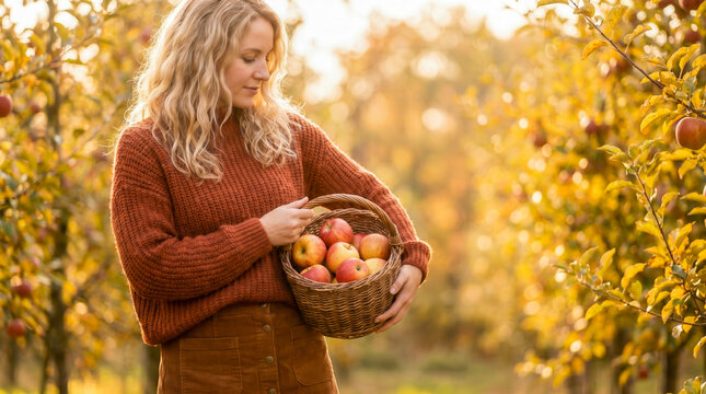Young woman holding a basket of fresh picked apples in a sunny autumn orchard.