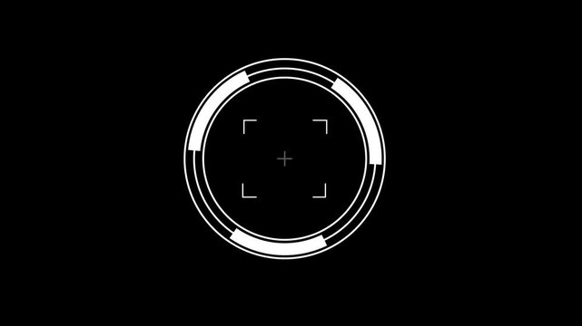 Modern Circular Camera Focus Reticule HUD Interface Icon with Precision Target Cross hair, Digital on black Background.