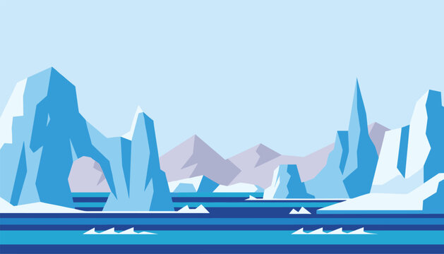 Polar arctic winter landscape with towering blue icebergs floating in freezing ocean water under a clear pale sky.