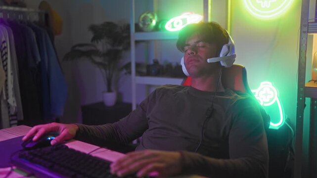 Man with headset slouches back, hand on mouse and fingers on keyboard in studio neon lit gaming setup; fatigue reflection.