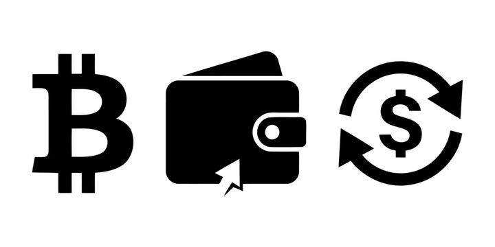 Modern black and white crypto currency wallet and exchange icons set