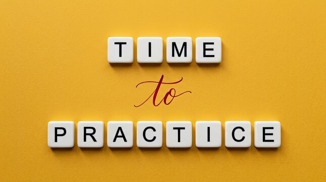White plastic letter tiles spelling out time to practice against a solid vibrant yellow background