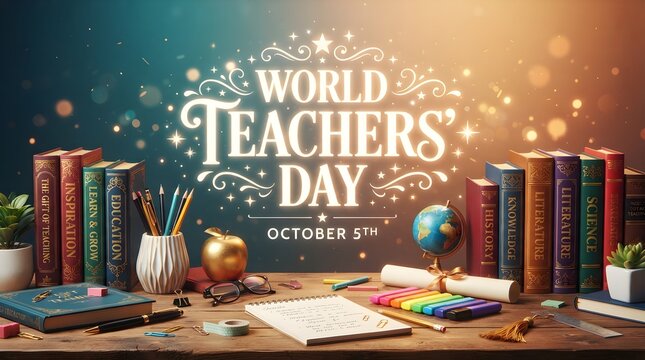 World Teachers Day celebration banner with books and apple. October 5th education event poster design with glowing typography and school supplies.