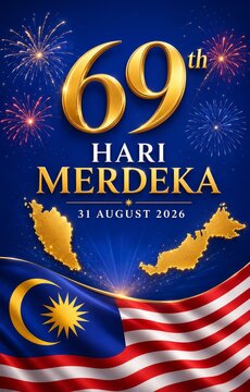 Celebratory design for malaysia's 69th independence day featuring malaysian flag map and fireworks for merdeka 2026