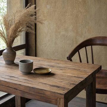 Reclaimed Wood Table with Ceramic Cup, Brass Dish and Pampas Grass Vase