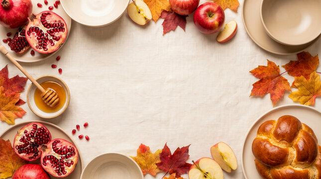 Flat lay composition with pomegranates apples honey and challah bread for Rosh Hashanah celebration.