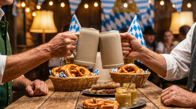 Two friends clinking beer mugs with pretzels on a wooden table at an Oktoberfest celebration.