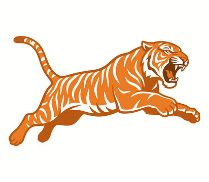 Aggressive tiger jumping mascot. Wild cat predator leaping in a dynamic sports logo style