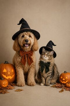 Cute Dog and Cat Wearing Witch Hats Jack O Lanterns Halloween Background