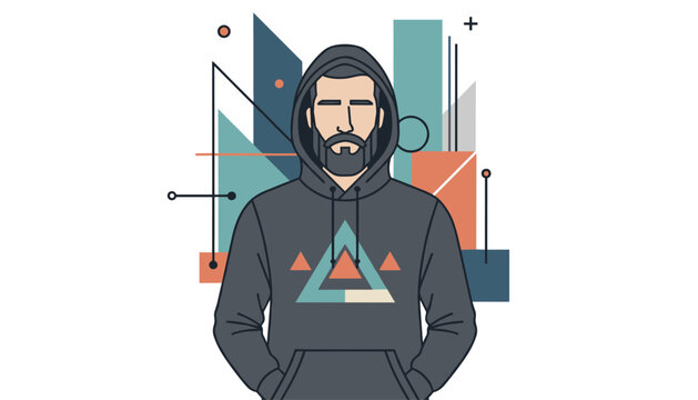 Young bearded man wearing a dark grey hoodie with a geometric logo design against an abstract modern background.