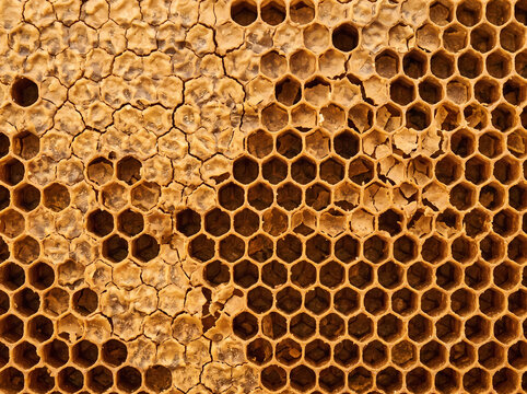 Close-up view of a natural honeycomb with hexagonal cells and varying textures.