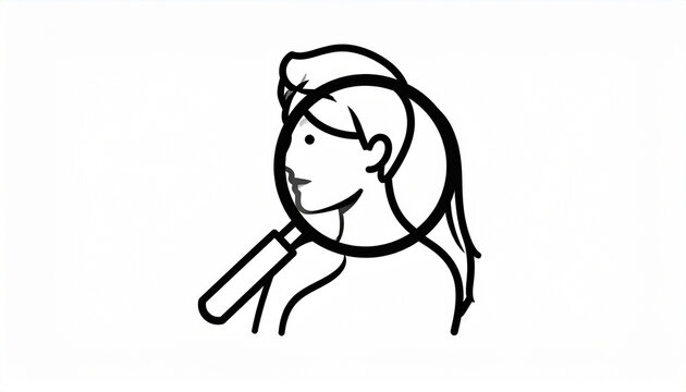 Line art of woman profile under magnifying glass for identity verification concept