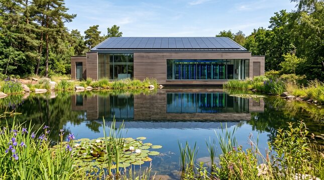 Eco-friendly data center reflecting in a natural pond