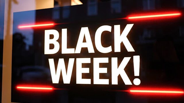 Black Week neon sign on store window at night