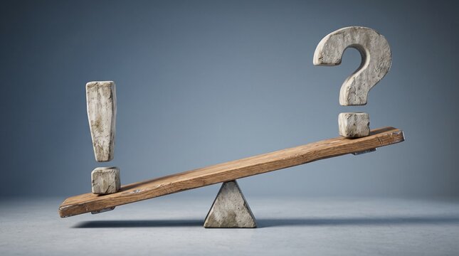 Exclamation Mark Versus Question Mark: A wooden seesaw is tilted, with a weathered exclamation mark on one side and a question mark on the other.