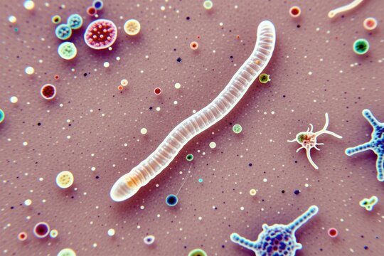 Microscopic view of Strongyloides stercoralis worm in human stool sample. Various cells and microbes seen up close. Medical research and science background with infection details shown.