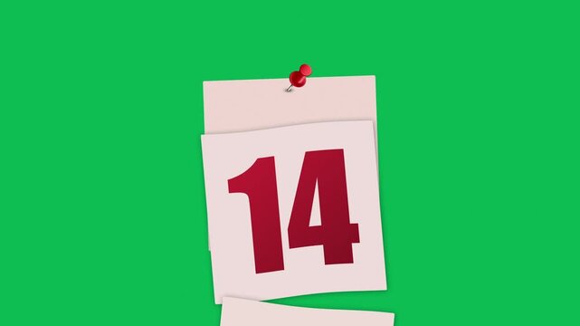 Animated Tear Off Desk Calendar Page Flip Countdown from 1 to 30 with Red Pin on Green Screen Background