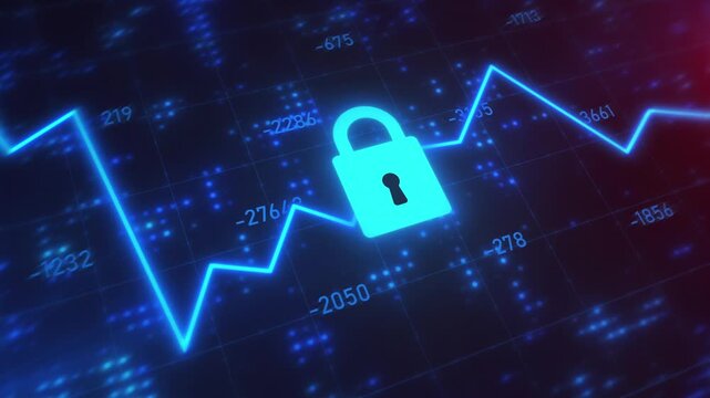 Glowing Blue Digital Padlock Icon with Financial Data Line Chart and Numbers Grid, Cyber Security and Fintech Protection Concept animation.