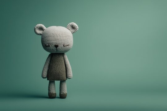 crocheted bear amigurumi toy on green background