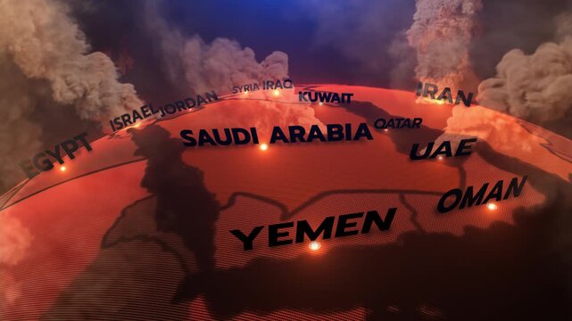 A modern 3D-style political map of the Middle East highlighting countries like Iran, Saudi Arabia, Iraq, Israel, Yemen, the United Arab Emirates, Oman, Qatar, Syria, Jordan, EGYPT, middle east map,