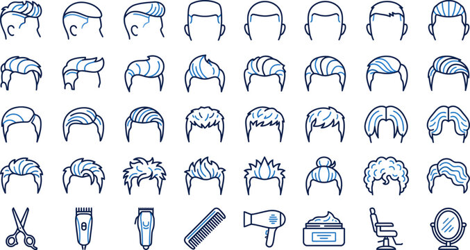 Men hairstyles and barber tools flat line icons set