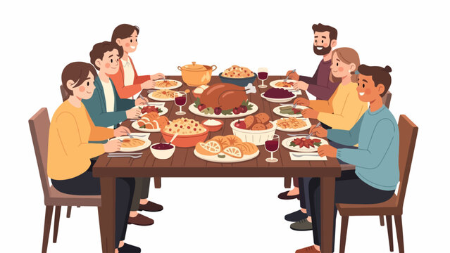 Family gathering around a festive dining table celebrates a traditional holiday feast with roasted turkey and various seasonal side dishes in a warm home atmosphere.