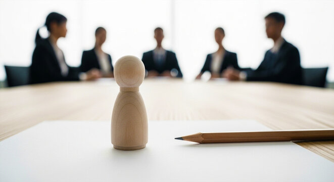 Wooden figure sitting at business meeting table with professionals
