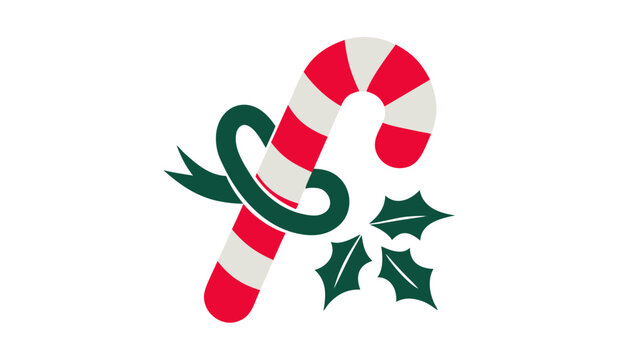 Christmas candy cane vector illustration with green ribbon and holly leaves, festive red and white striped holiday peppermint candy icon on white background