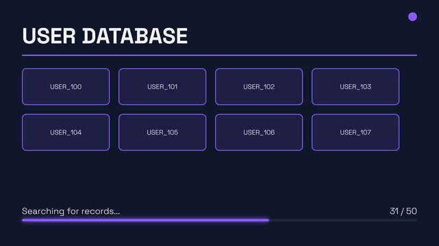 User database interface, loading user records with progress bar, seamless loop, symbolizing data processing and user management
