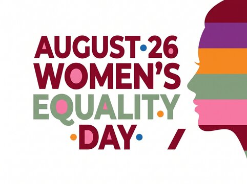 Women's Equality Day Banner with August 26 Typography and Colorful Female Profile Silhouette on White Background