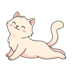 Cute cartoon cat stretching its body in a playful yoga pose, isolated on a white background.